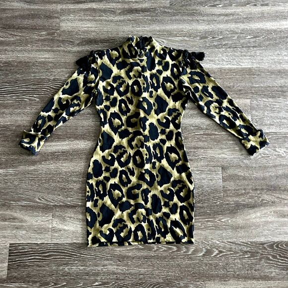 80s Vintage Luciano Pavarotti Olive Leopard Print Dress Tassel Italy US 8 RARE - Picture 14 of 14
